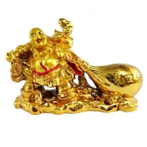 Laughing Buddha Statue – Drag The Money Potli buddha laughing Buddha for money and wealth success ( Golden,10 cm) Vastu items for  House warming gifts, New Year gifts, Diwali Gifts Items